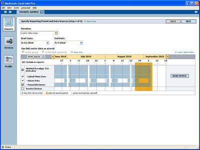 CareLink Pro report selection screen