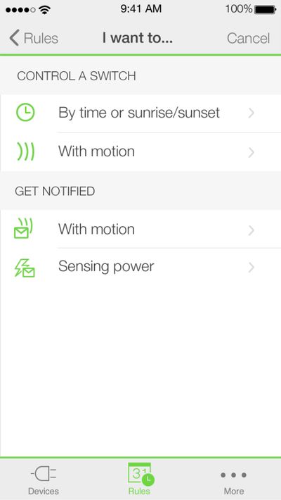 WeMo app I Want feature screen for natural language device control