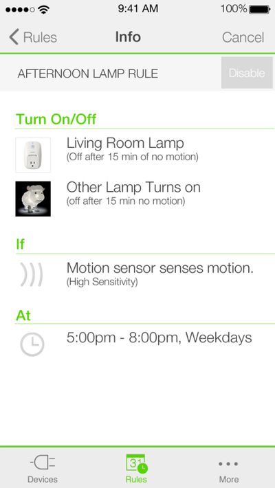 WeMo app lamp rule creation screen