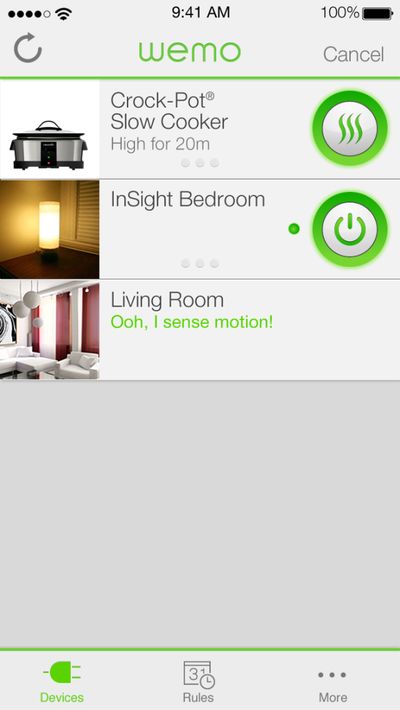 WeMo app device list screen showing all connected WeMo devices