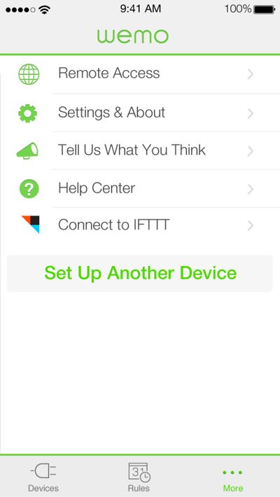 WeMo app more options menu
