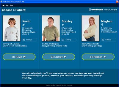 MiniMed virtual patient application patient mode patient selection