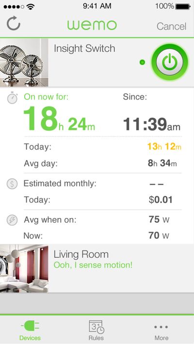 WeMo app single-device detail showing power consumption statistics